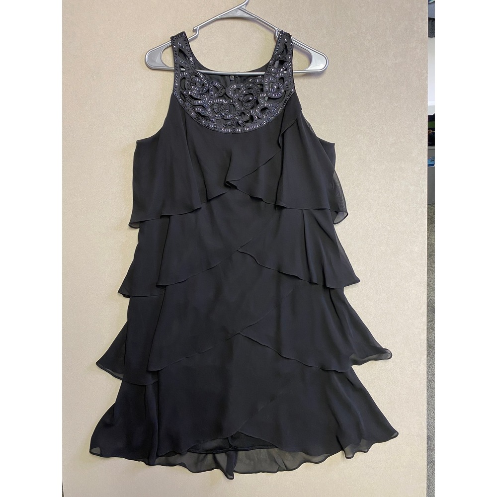SLNY Black Tiered Ruffle Cocktail Dress Embellished Neckline Size 16